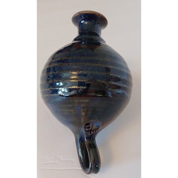Vintage Round Ceramic Blue Glaze‎ Vase/Olive Oil Dispenser Signed J.F Handmade - Picture 1 of 8
